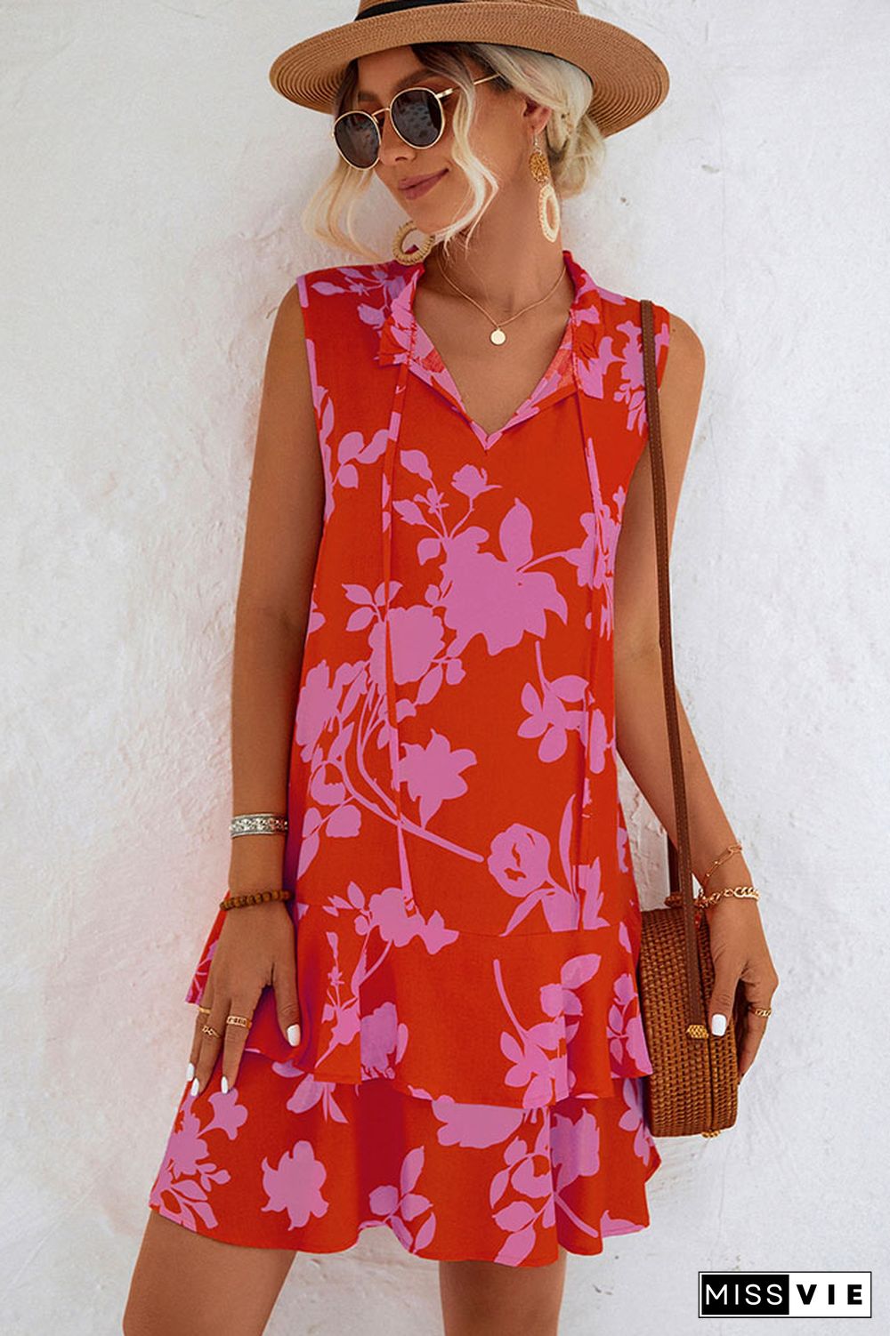 Sleeveless Ruffle Splicing Floral Dress