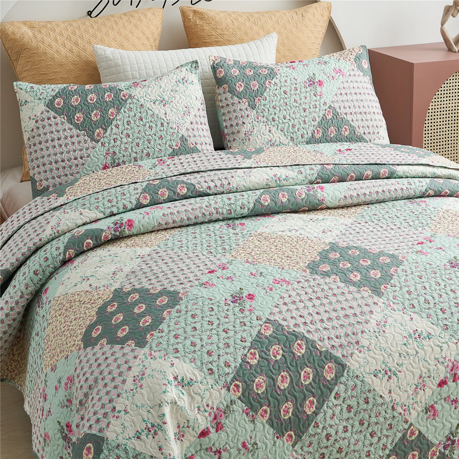 JML Quilt Set， Queen， Pastorale Green， 3 Piece