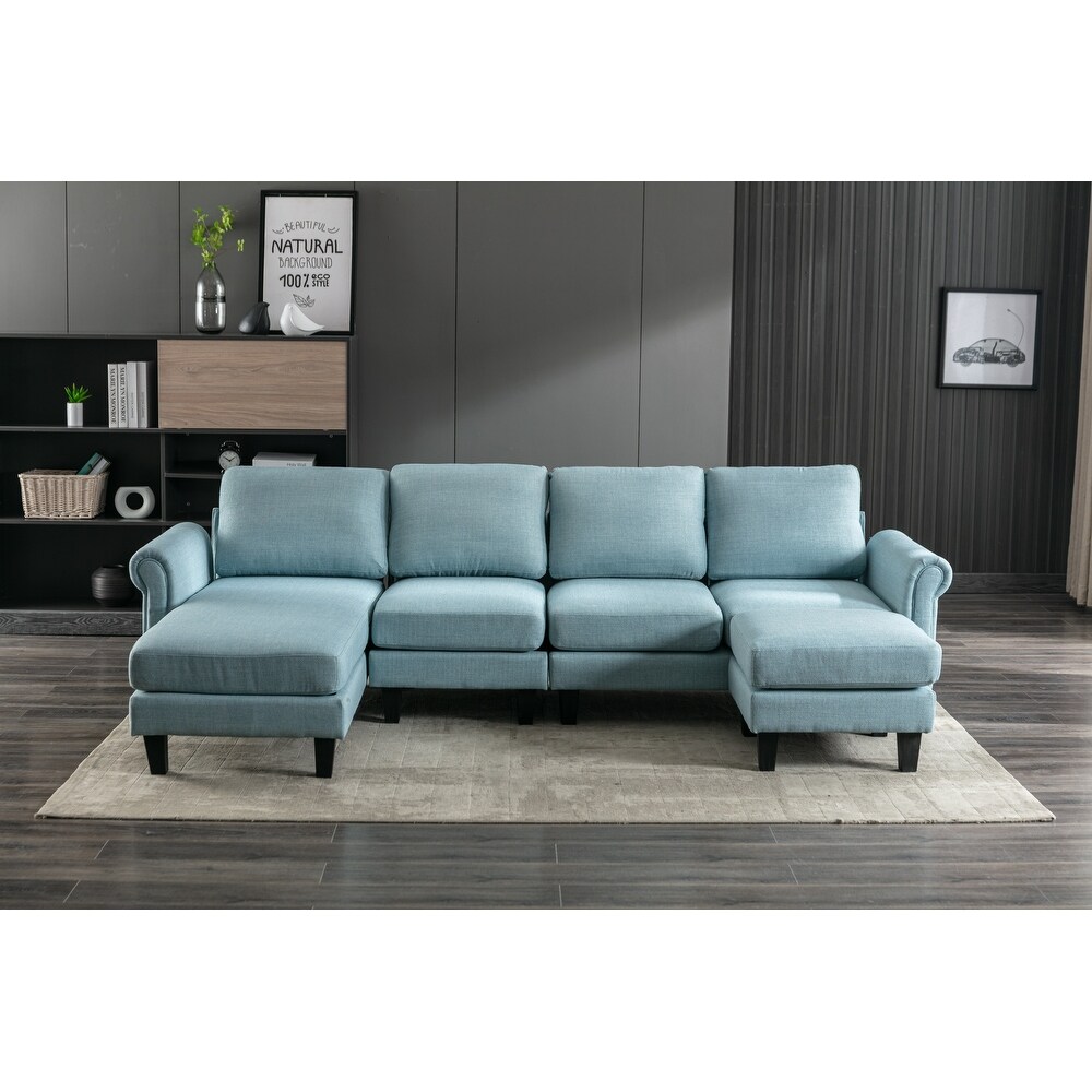 U shape Accent Sofa Set Linen Couch Set with Reversible Ottomans Sofa