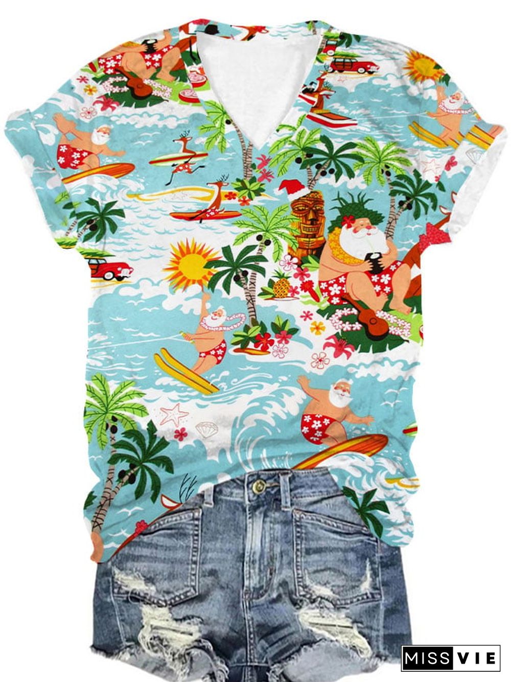 Women's Hawaiian Beach Christmas Print V-Neck T-Shirt