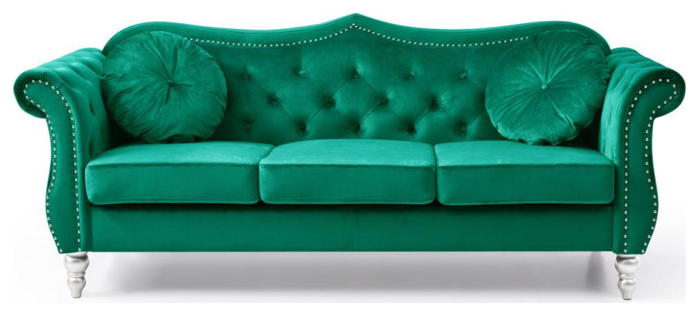 Hollywood 82 in. Green Velvet Chesterfield 3 Seater Sofa with 2 Throw Pillow   Eclectic   Sofas   by BisonOffice  Houzz