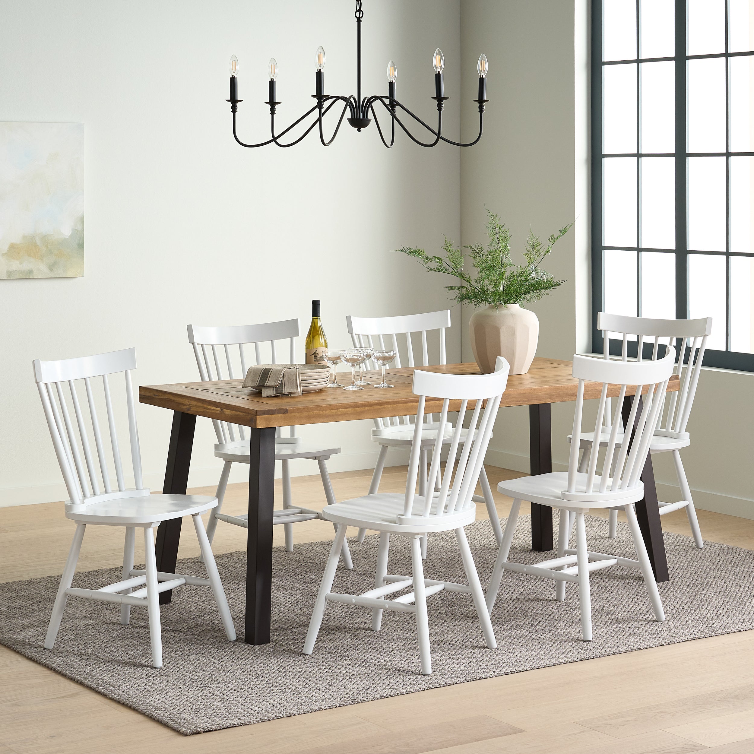 Stocker Farmhouse Wood and Iron 7 Piece Dining Set, Natural, Rustic Metal, and White