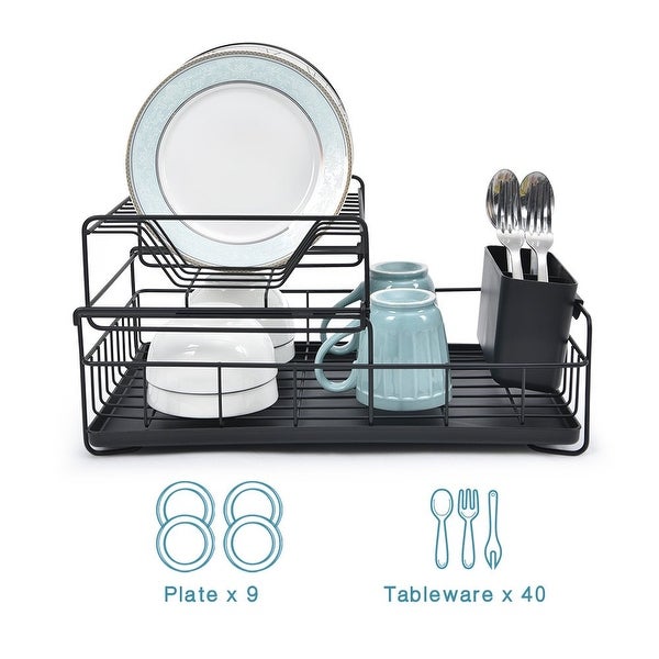 2 Tier Dish Drainer with Water Tray Cutlery Holder， Black