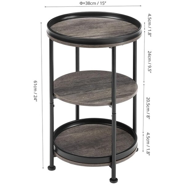 Round Industrial Sofa Table with 3 Storage Shelves，Grey