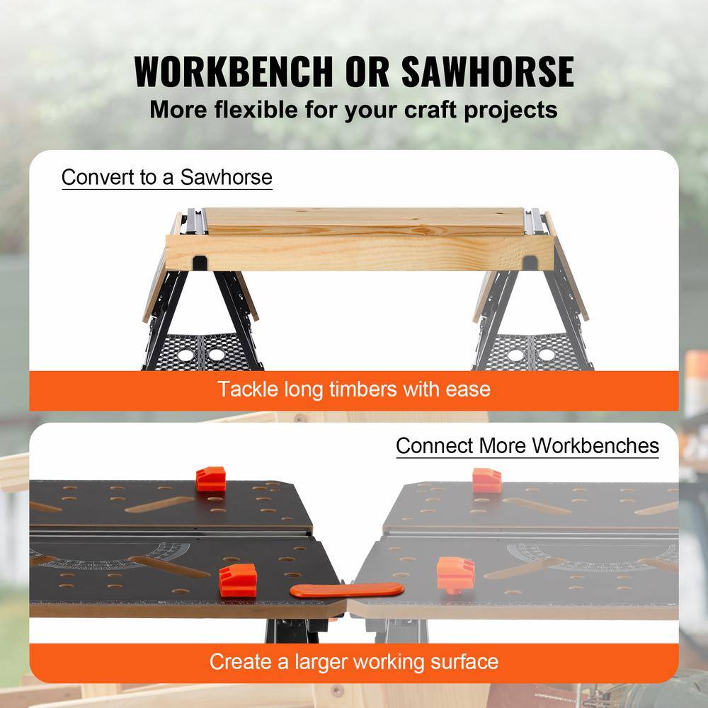 VEVOR 27.6 in. L x 25.6 in. W 2-In-1 Sawhorse Workbench 1000 lbs. Folding Work Table 7 Heights Foldable Stand with Wood Clamp B454KG70X65CM9NVGV0