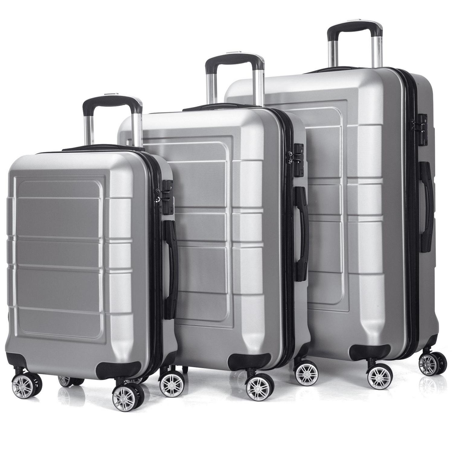 Traveling Luggage， 3pcs Hardside Luggage Set， 20 +24 +28 with TSA Lock， Silver