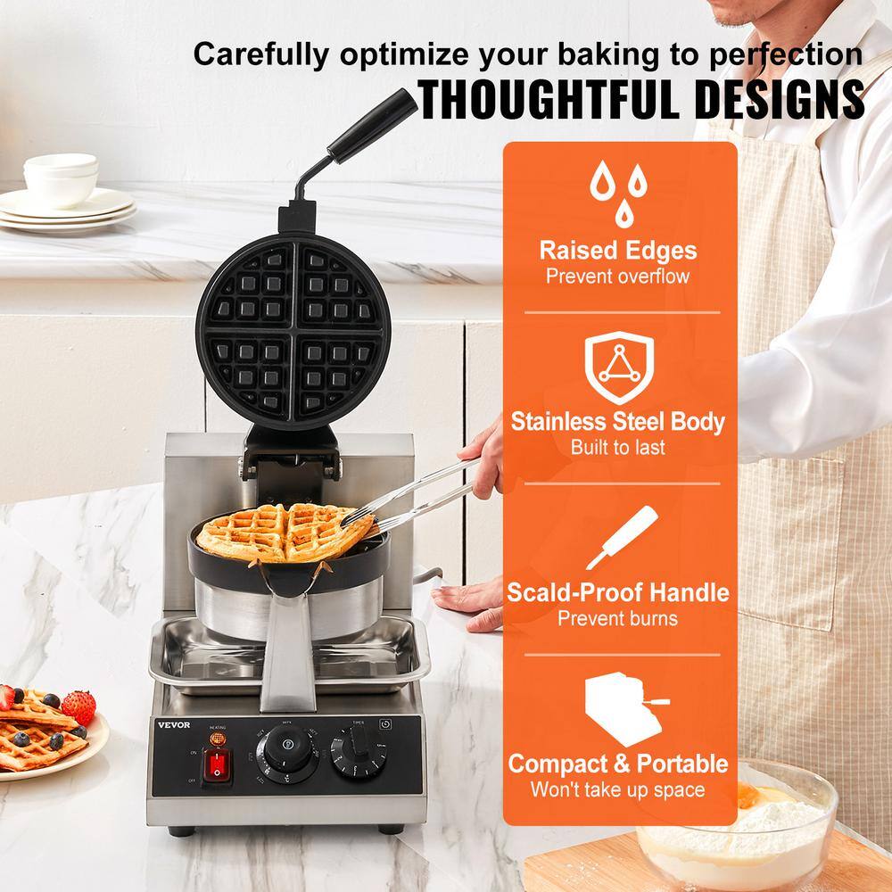 VEVOR Round Waffle Iron Non-Stick Stainless Steel Rotatable Waffle Cone 1300-Watt Commercial Waffle Maker YXHFBJHFBFGZ46VD6V1