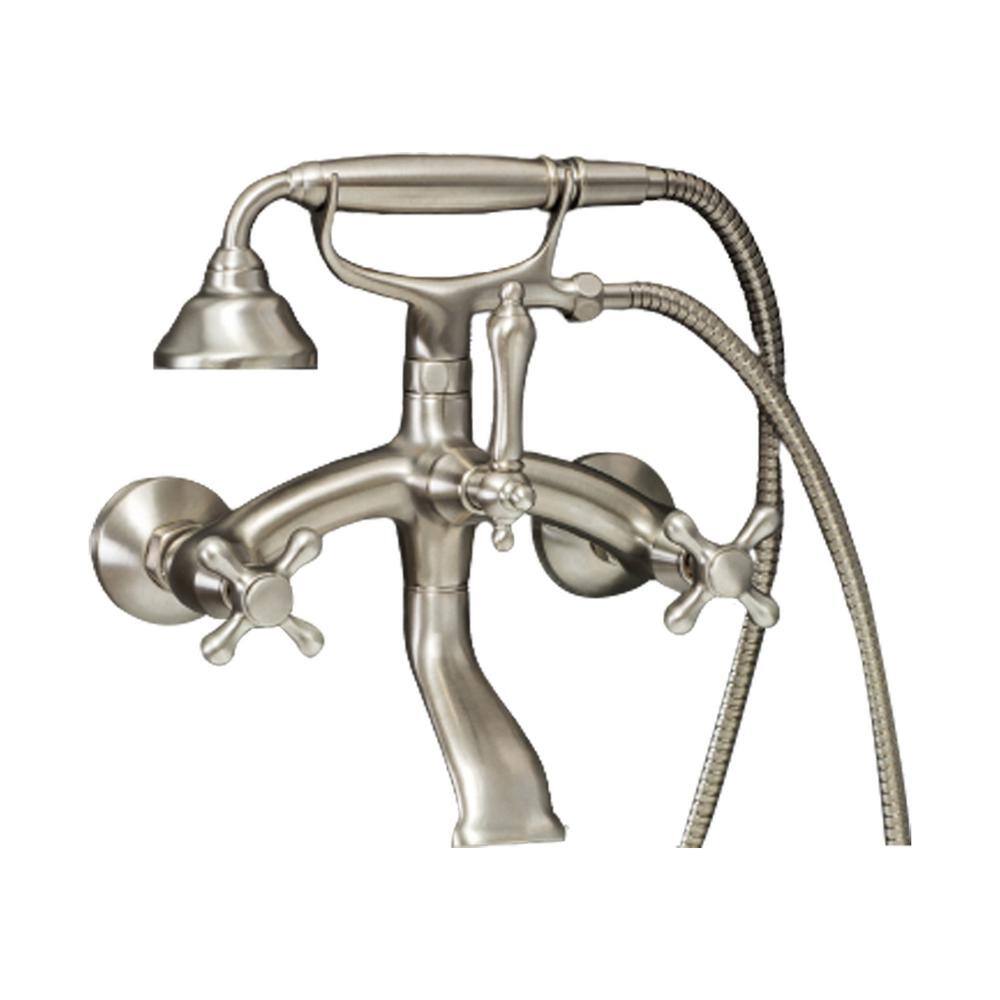 PELHAM  WHITE Vintage Style 3-Handle Wall Mount Claw Foot Tub Faucet with Cross Handles and Handshower in Brushed Nickel PW82511-C-BN