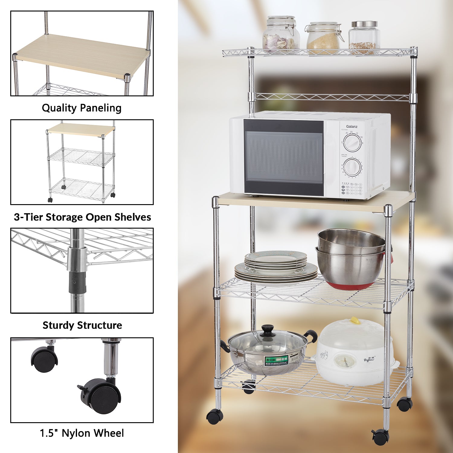 uhomepro Corner Bakers Rack， 4 Tier Kitchen Storage Microwave Rack， Microwave Cart with Cutting Board， Bakers Racks for Microwave， Silver Metal Storage Shelves