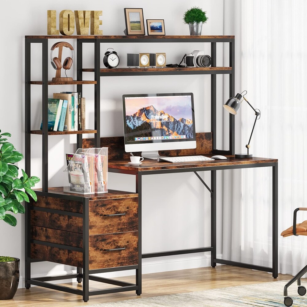 55 Inch Computer Desk with 2 Drawers and Storage Shelves