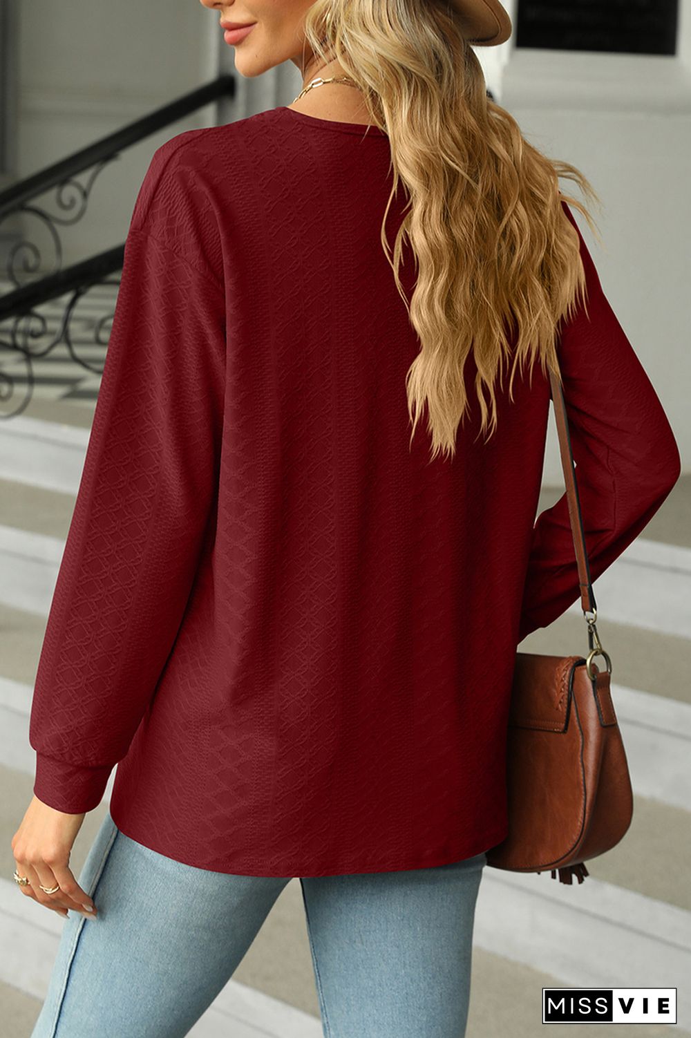 Jacquard Button Front V Neck Blouse