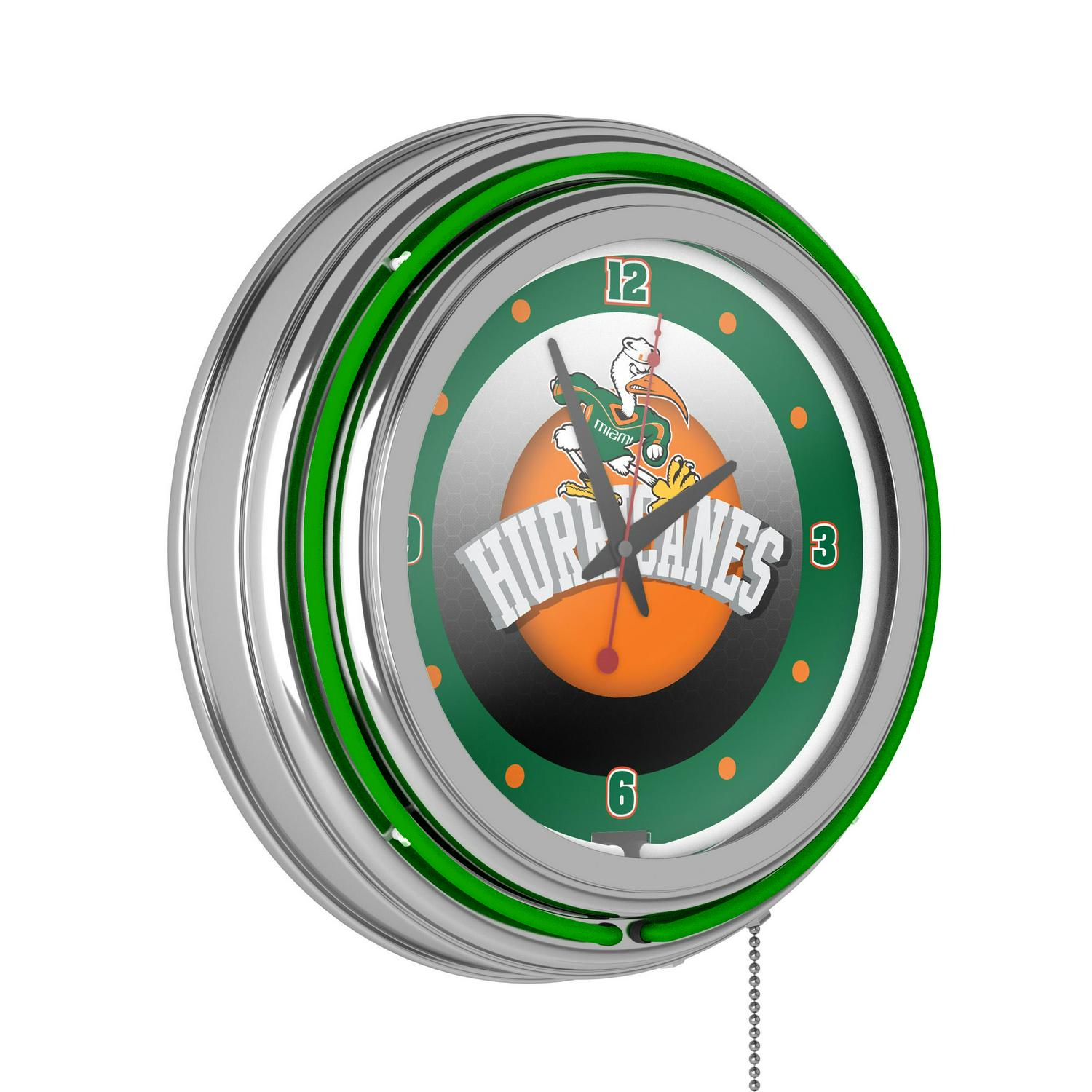 University of Miami Chrome Double Rung Neon Clock  Honeycomb