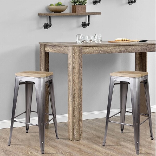 30inch Metal Stool with Light/Dark Wooden Seat-Set of 4