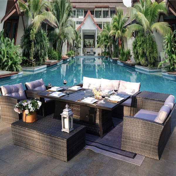 Patio Wicker Sofa Set With Firepit and Ice Container Rectangle Dining Table