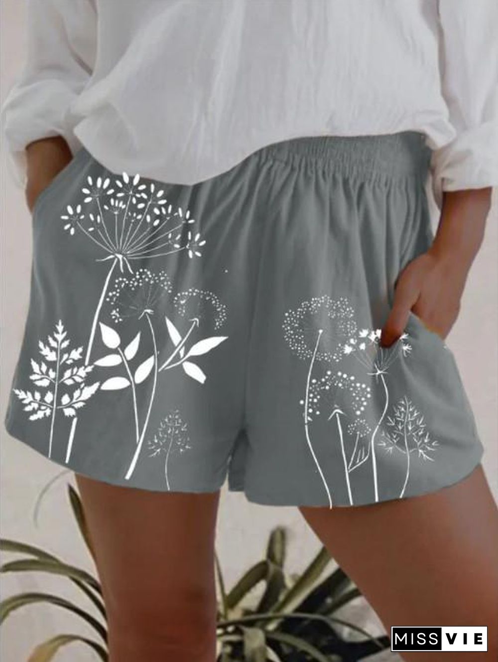 Women Basic Loose Dandelion Printed High-Waist Shorts