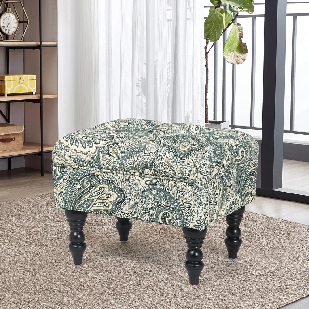 Adeco Ottoman Stool Tufted Foot Rest Fabric Floral Vanity Stool