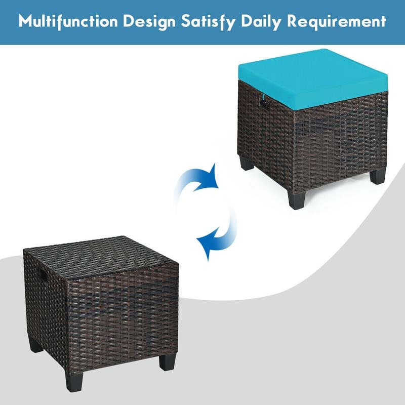 2 Pcs Rattan Patio Ottoman Set with Removable Cushions, All Weather Wicker Outdoor Footstool Footrest Seat