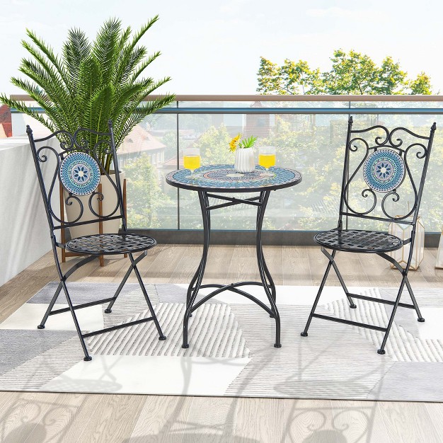 Costway 3pcs Patio Bistro Set Mosaic Pattern Heavy duty Metal Dining Folding Outdoor