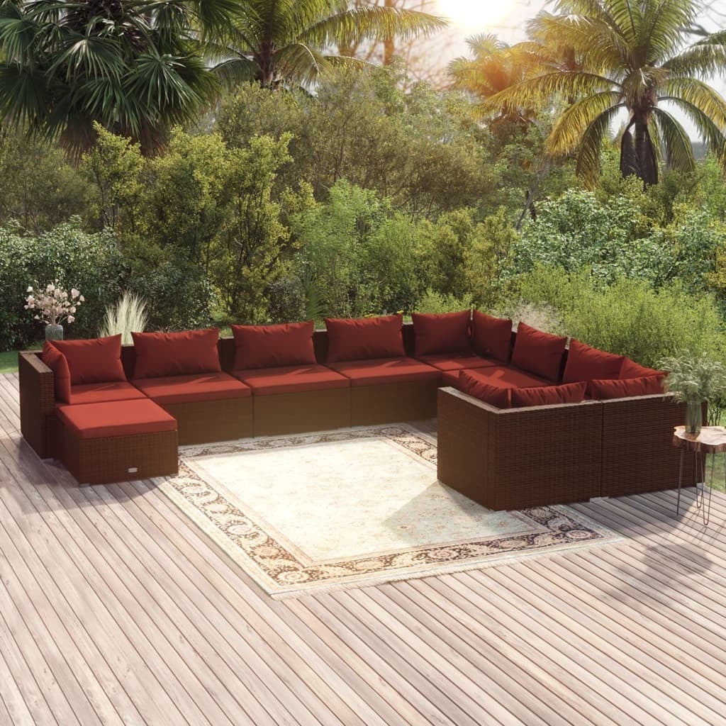 10 Piece Patio Lounge Set with Cushions Poly Rattan Brown - Overstock - 36365306