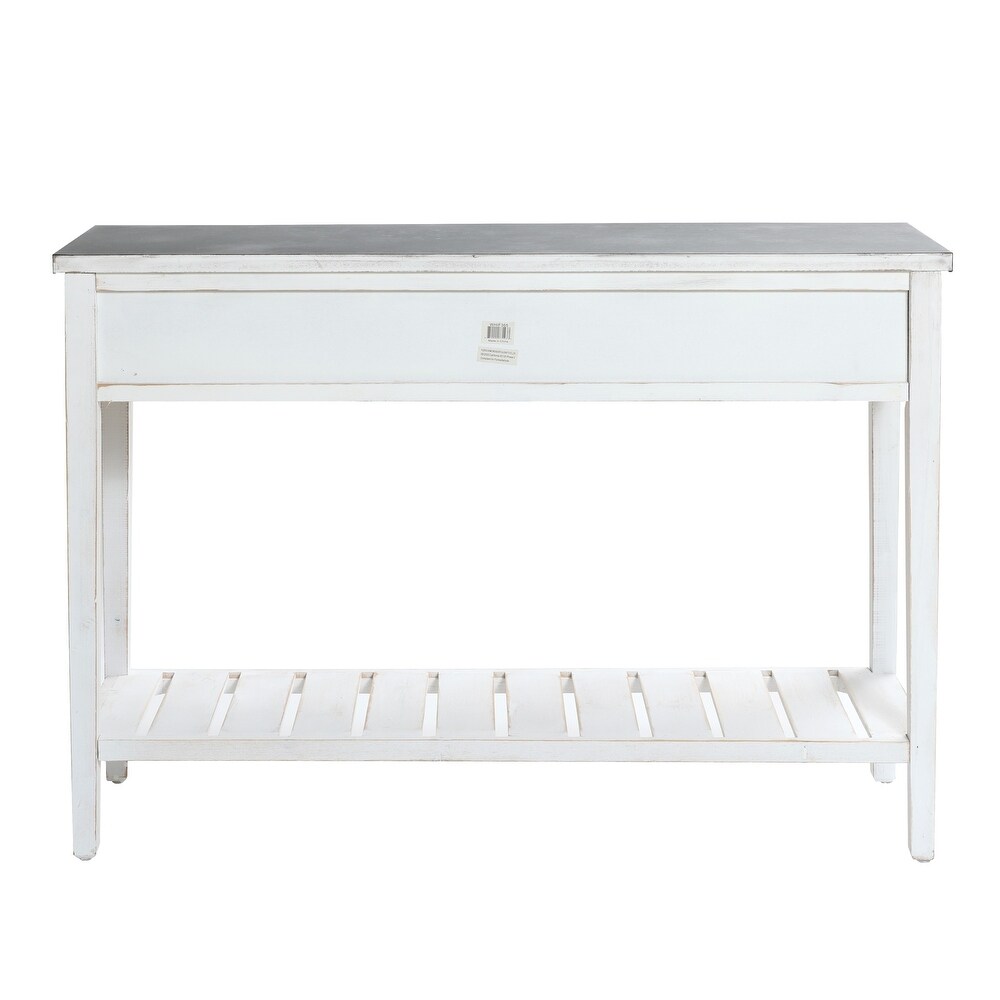 Farmhouse Distressed White Wood and Galvanize Top Console Table   31.5\