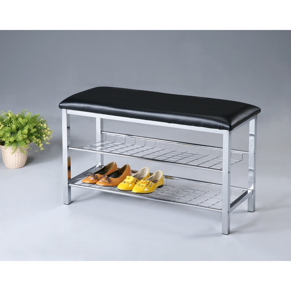 Roundhill Furniture Metal Shoe Bench with Faux Leather Seat  Chrome and Black