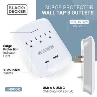 BLACK+DECKER 3 Grounded Outlets Surge Protector Wall Mount with 1 USB Charging Port 1 USB-C Port BDXPA0042