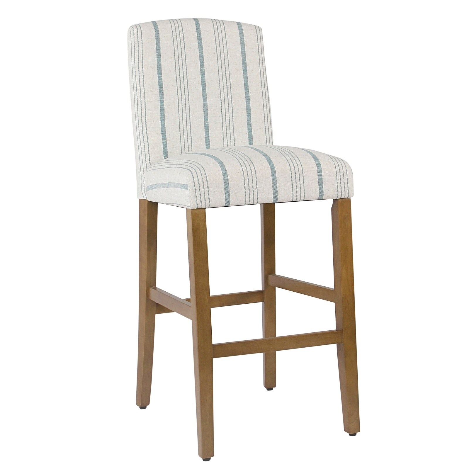 Fabric Upholstered Wooden Barstool with Striped Cushioned Seat， White and Blue