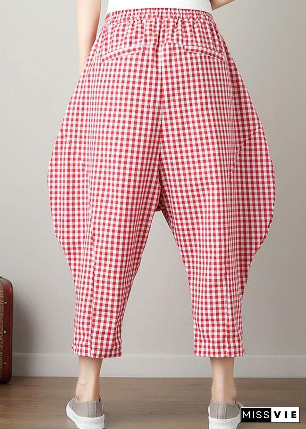 fashion casual red plaid cotton crop pants loose elastic waist pants