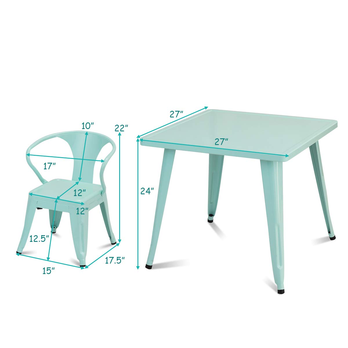 Kids Table and 2 Chair Set for Indoor/Outdoor Use, Steel Table and Stackable Chairs (Mint Green, Table & Chairs)