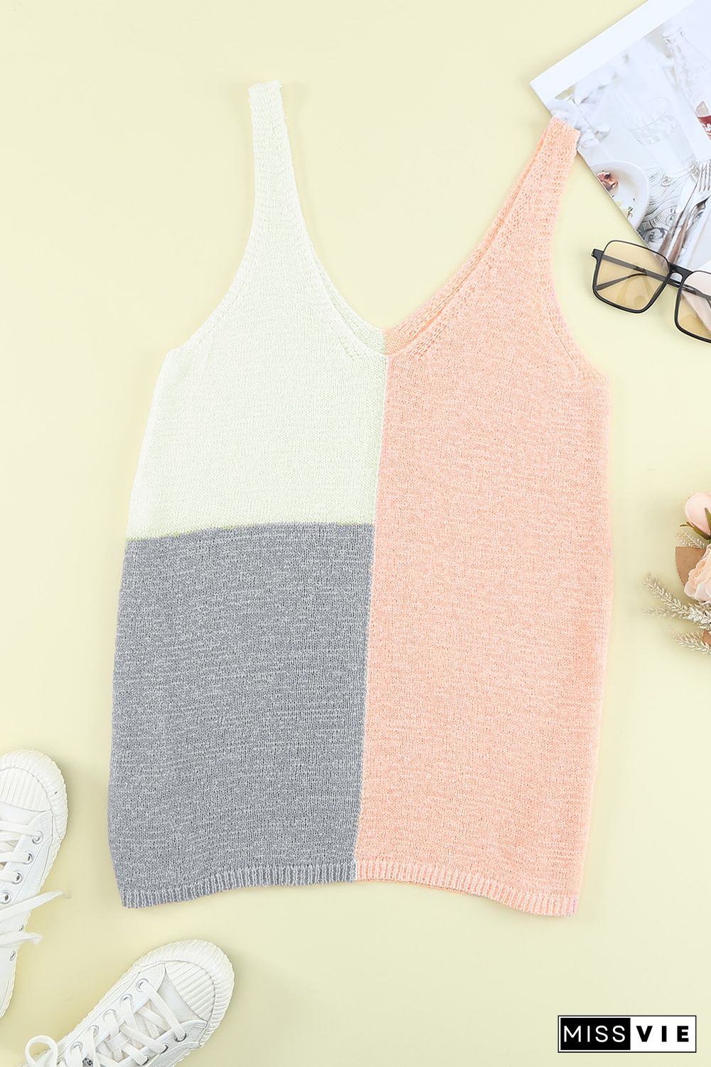 Pink Color Block Knitted Tank Top