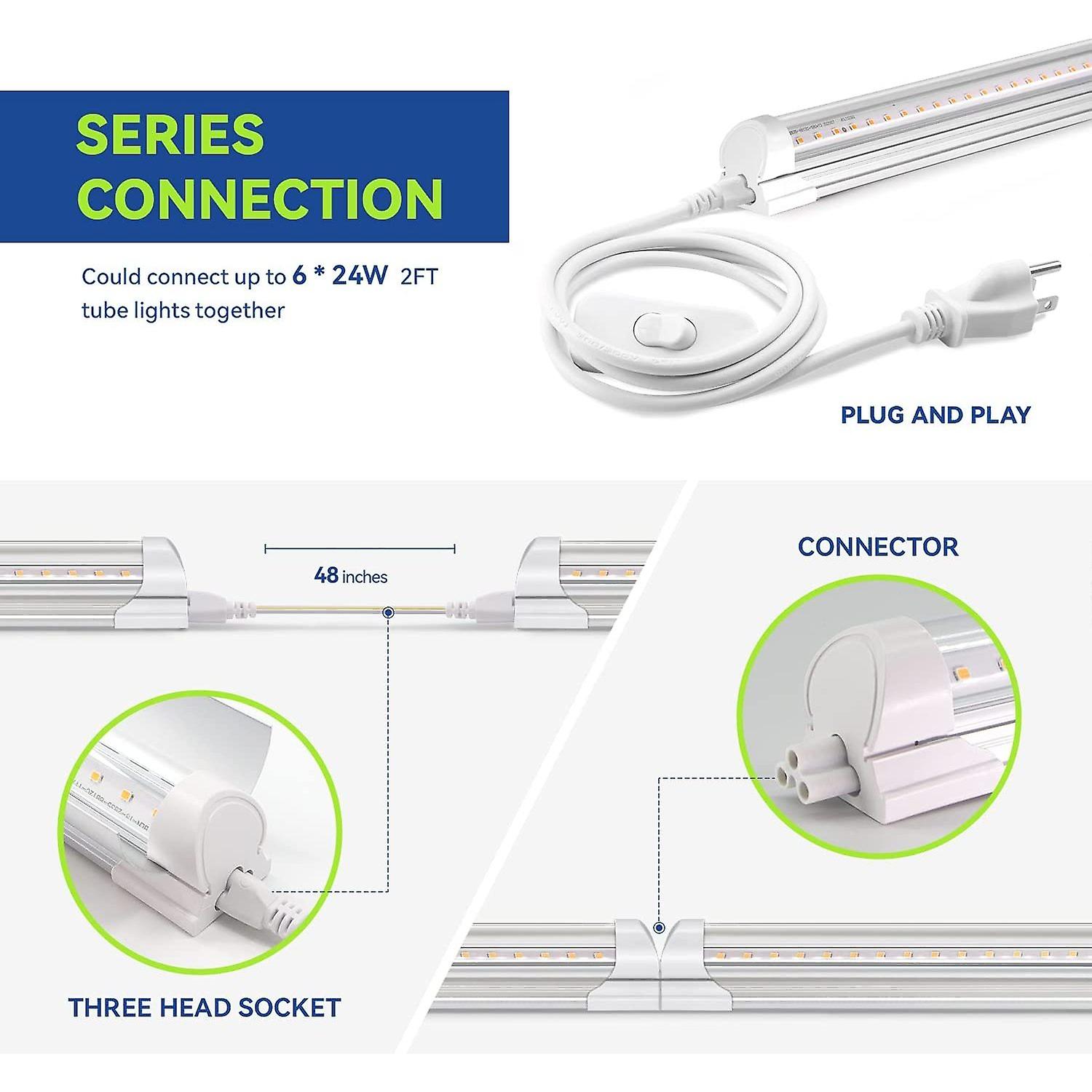 T8 Led Grow Light 2ft， 144w(624w) High Output Plant Grow Light Strip， Full Spectrum Sunlight Replacement With Reflectors For Indoor Plant， 6-pack