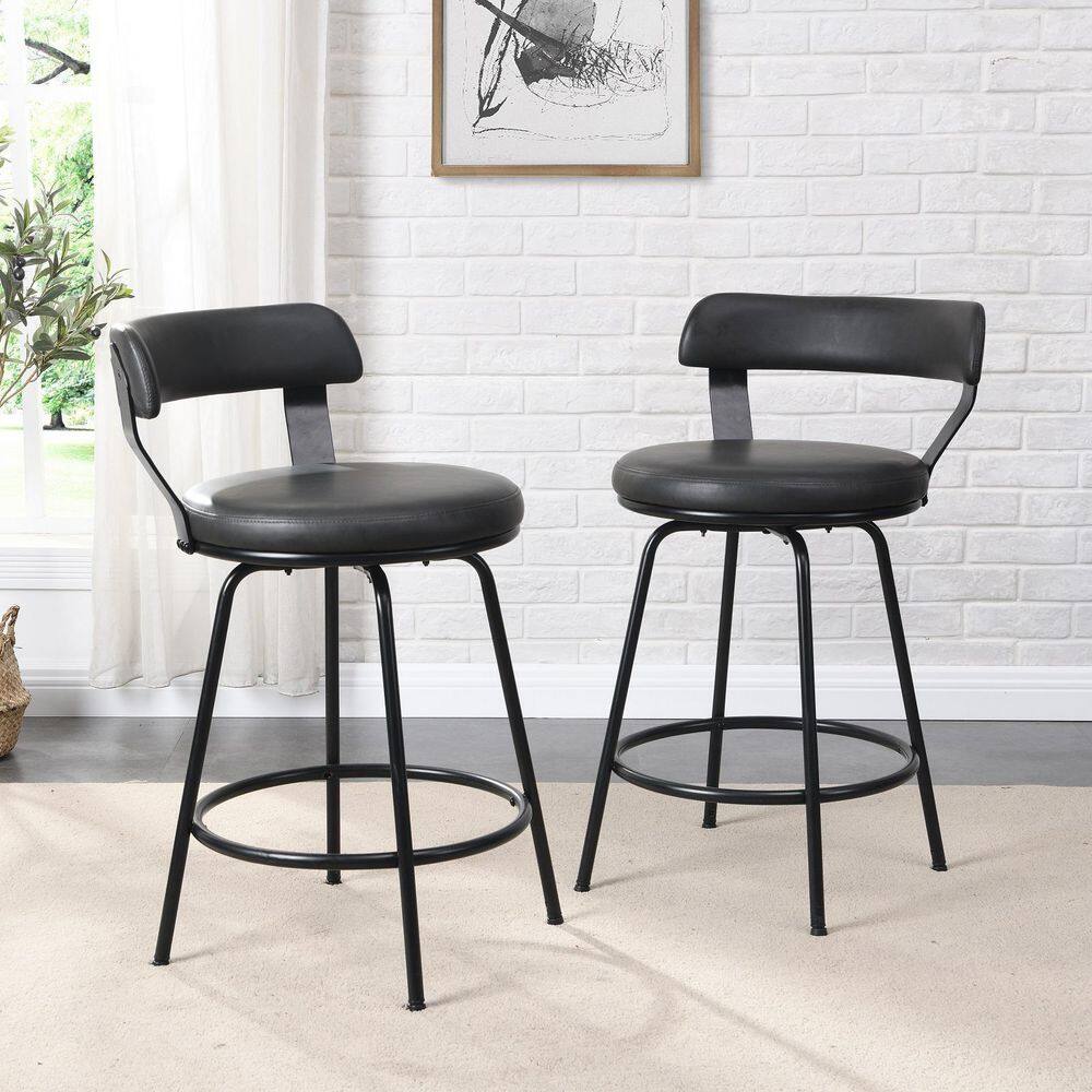 Hausfame 32.5 in. Grey Low Back Metal Frame Swivel Counter Stool with Round PU Leather Seat (Set of 2) HUSF-SBS1006GY-24