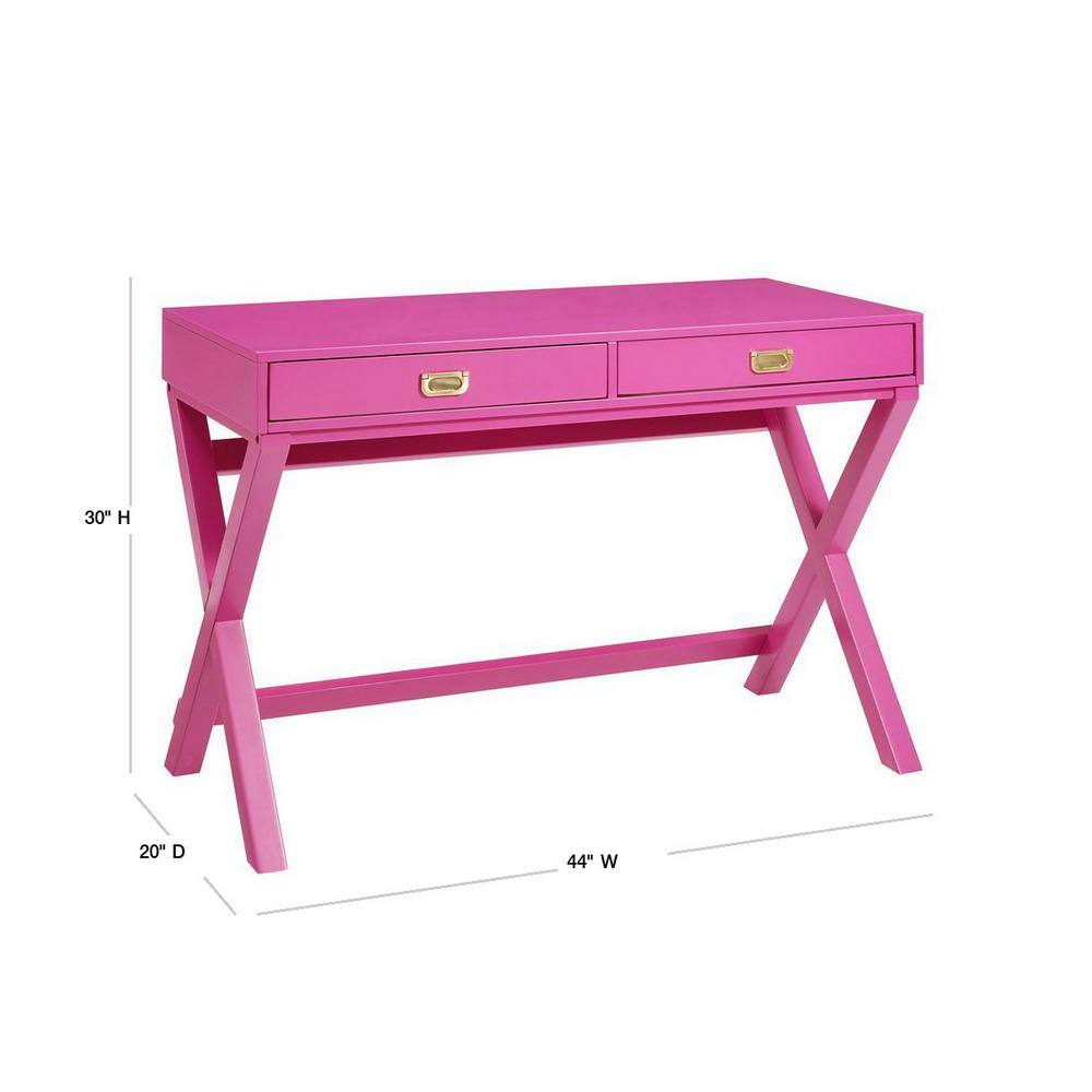 Linon Home Decor 44 in. Rectangular Raspberry Pink 2 Drawer Writing Desk with Built-In Storage THD00683