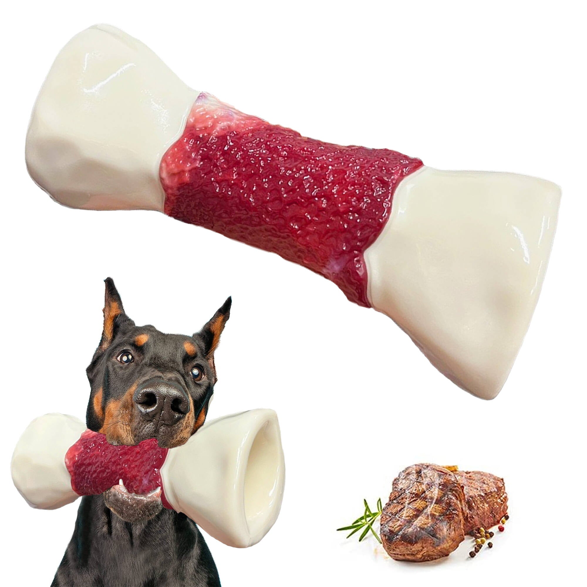 Pet Deluxe Tough Dog Chew Toys for Aggressive Chewers Large Medium Breed， Durable Beef Flavor Bone Chew Dog Toys， Natural Nylon Heavy Duty Dog Toys Extreme Indestructible Teething Toys