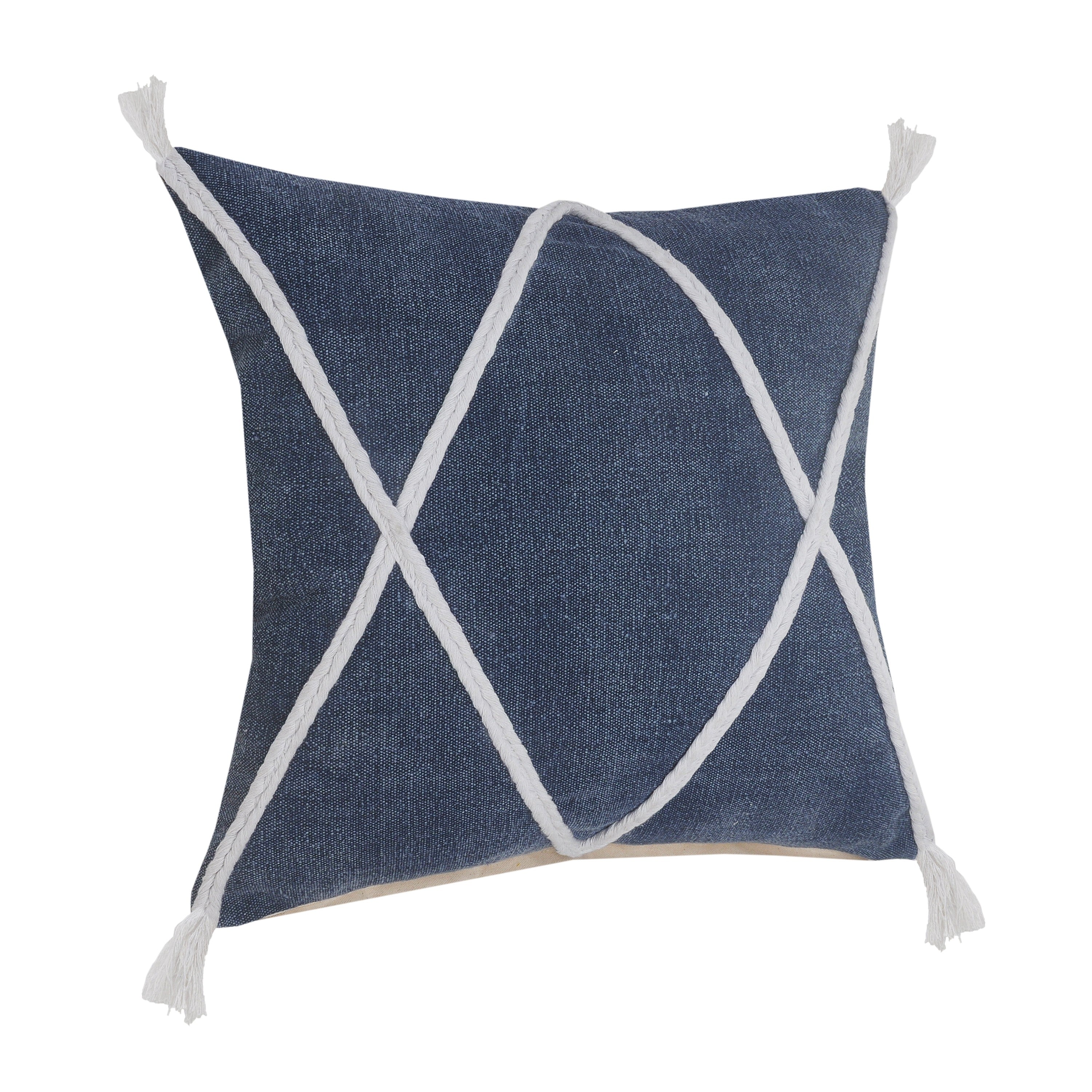 Birch Harbor Coastal Geometric Braided and Tasseled Throw Pillow