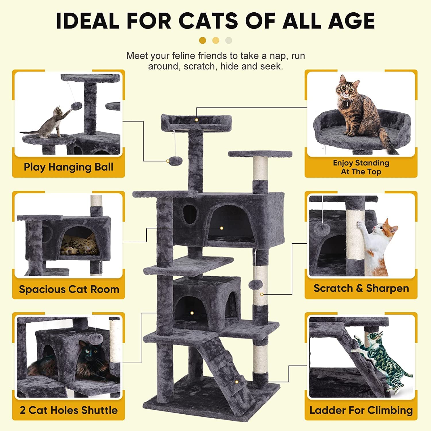 54in Cat Tree Tower for Indoor Cats Multi-Level Cat Condo Cat Bed Furniture with Scratching Post Kittens Activity Center