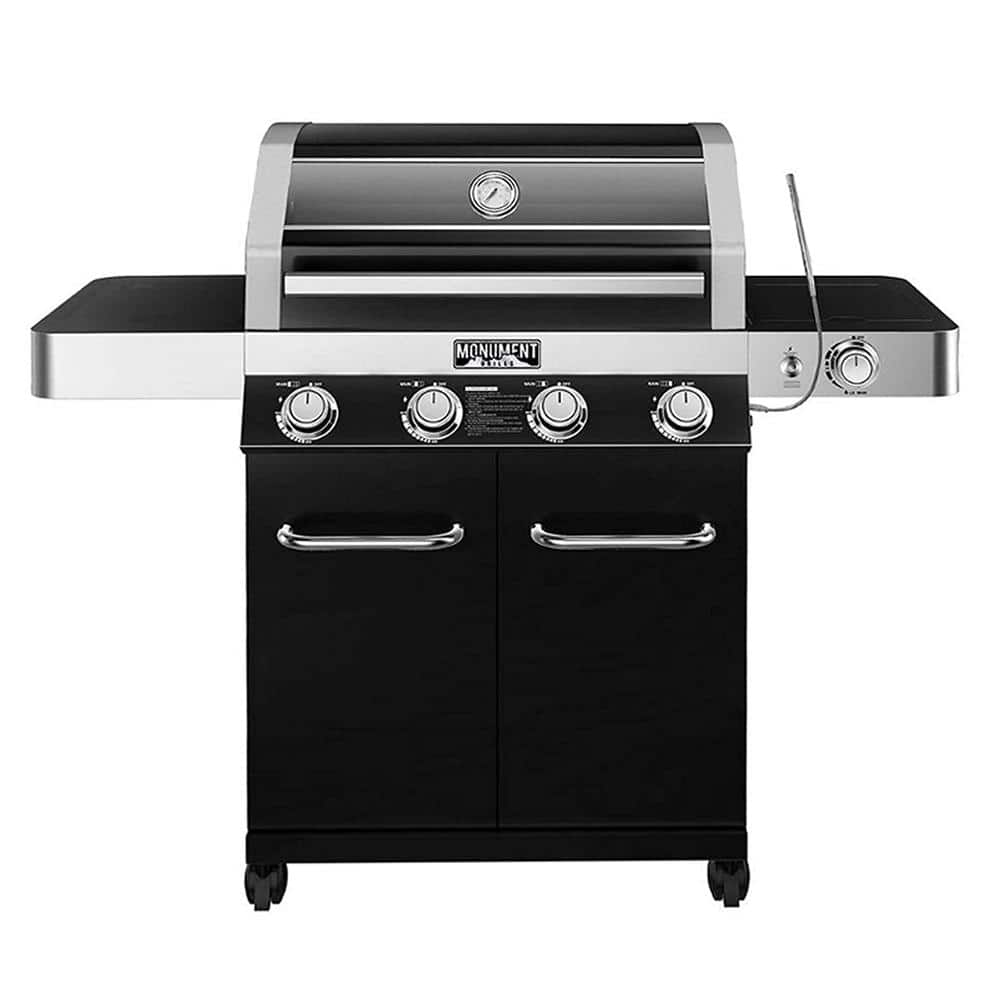 Monument Grills 4-Burner Propane Gas Grill in Black with ClearView Lid, LED Controls, Side Burner and USB Light 42538B