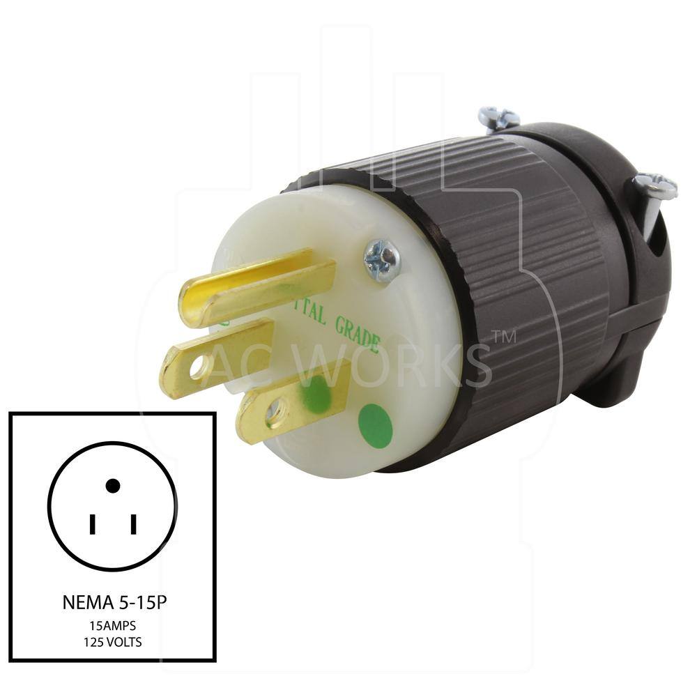 AC WORKS 15 Amp 125-Volt NEMA 5-15P 3-Prong Medical Hospital Grade Green Dot Male Plug ASMD515P