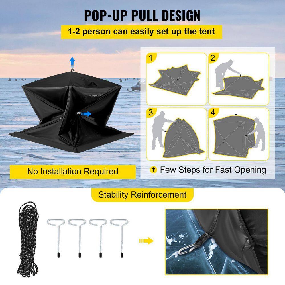VEVOR Pop-Up Ice Fishing Tent 2 To 3 Person Portable Ice Shelter with Waterproof Oxford Fabric for Winter Fishing Black HSBDZP00000000001V0