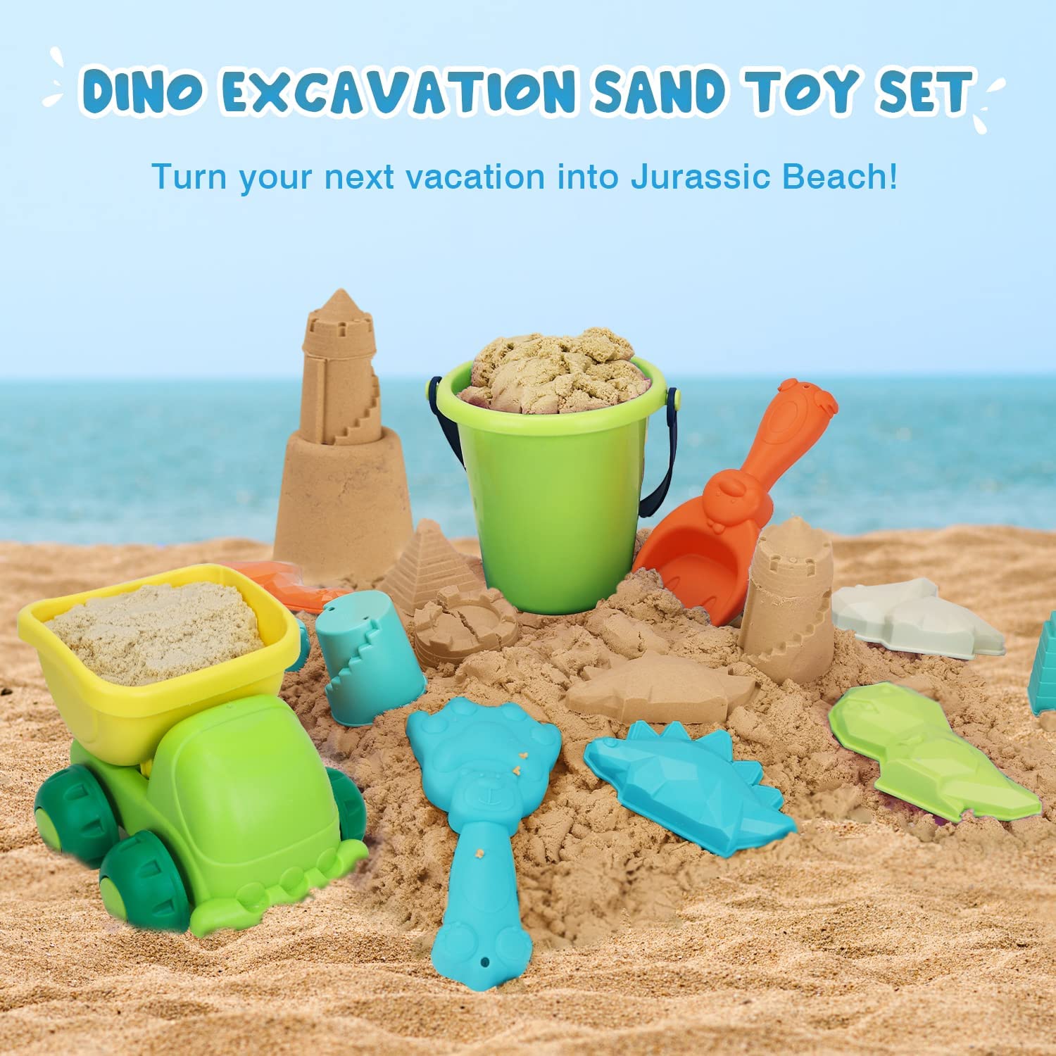 TOY Life Beach Toys for Kids Toddlers - Sand Toys for Kids Toddler, Sandbox Toy for Toddler with Beach Sand Bucket and Shovel, Dino Sand Castle Molds, Travel Beach Toys for Toddlers 3-4-6-7-8-9-10