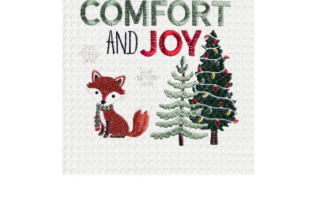 X 18 quot Christmas Holuiday quot tidings Of Comfort amp Joy quot Sentiment With Fox Embroidered Waffle Weave Cotton Kitchen Dish Towel