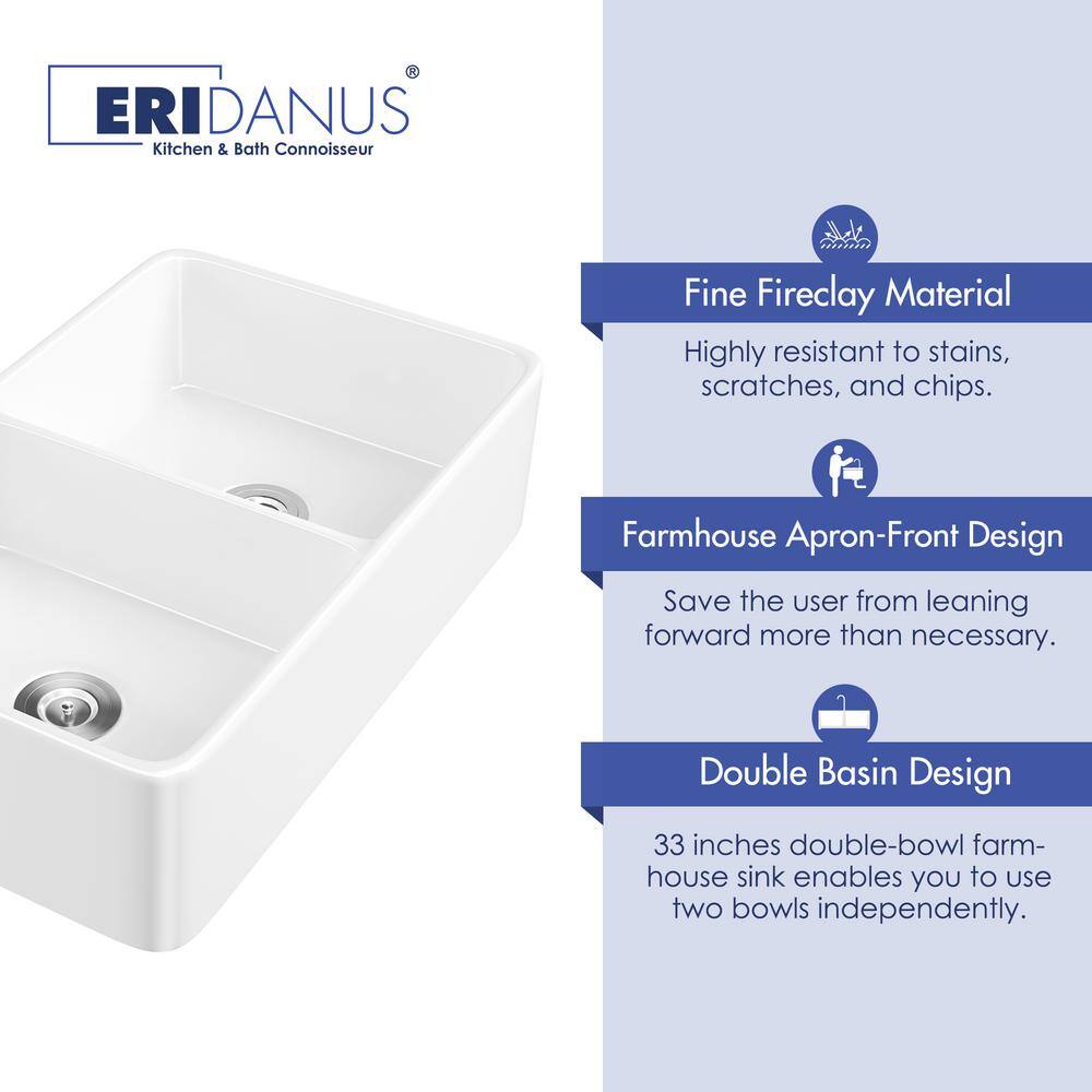 Eridanus Denbigh Crisp White Fireclay 33 in. Double Bowl Farmhouse Apron Kitchen Sink with Bottom Grid ERI-FS-106D