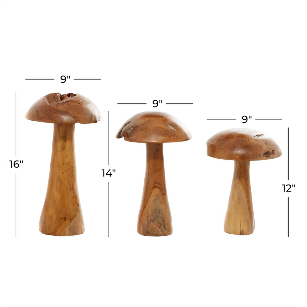 Brown Teak Wood Handmade Live Edge Mushroom Sculpture with Natural Smooth Finish (Set of 3)   S/3 16\