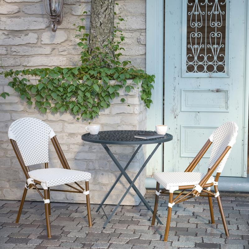 Lourdes Indoor/Outdoor French Bistro Stacking Chairs  Set of 2   Tropical   Outdoor Dining Chairs   by clickhere2shop  Houzz