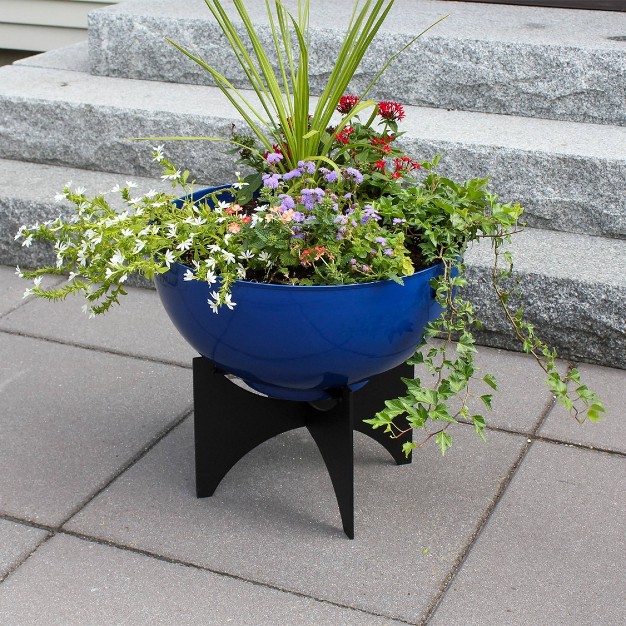 Wide Planter Bowl Galvanized Steel With Black Wrought Iron Norma Plant Stand French Blue