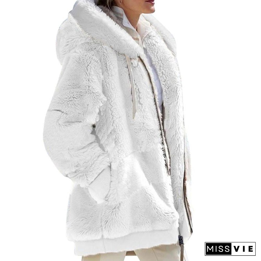 Women Winter Jacket Oversized Fashion Casual Stitching Clothes Hooded Zipper Ladies Lamb Hair Coat  Plus Size XS-5XL