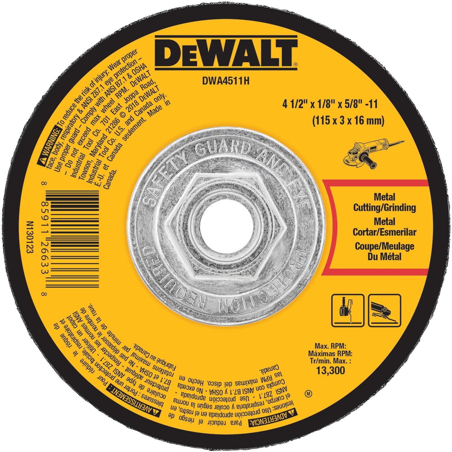 DW 4-1/2 in. D X 5/8 in. Metal Grinding Wheel