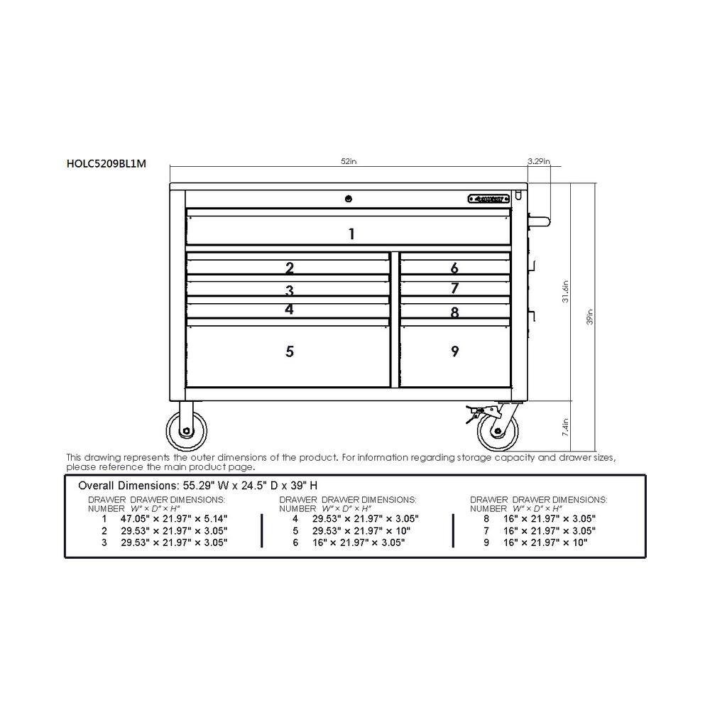 Husky 52 in. W x 25 in. D Heavy Duty 9-Drawer Mobile Workbench Tool Chest with Adjustable-Height Solid Wood Top in Matte Blue HOLC5209BL1M