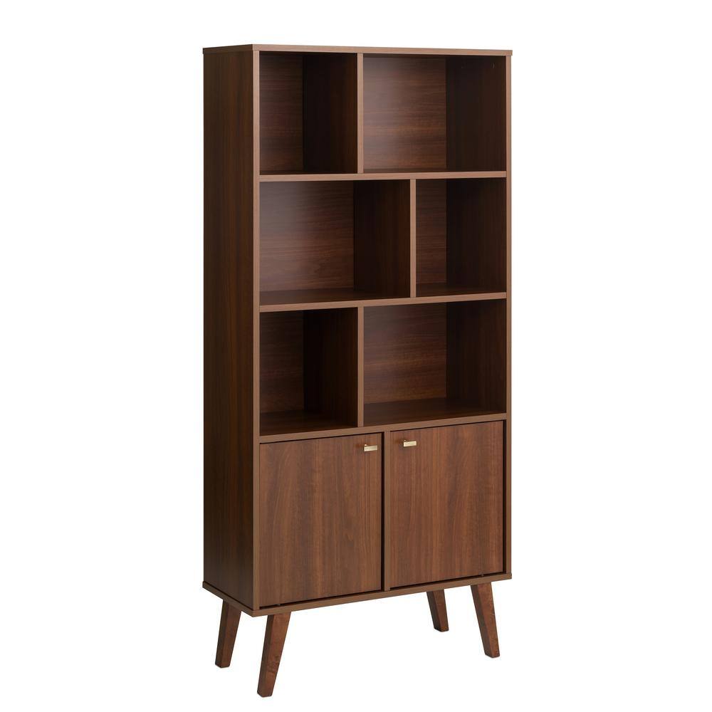 Prepac Milo Mid-Century Modern Bookcase with Inlet Shelves Two Doors and Brushed Brass-Finished Knobs Cherry CSBL-1418-1