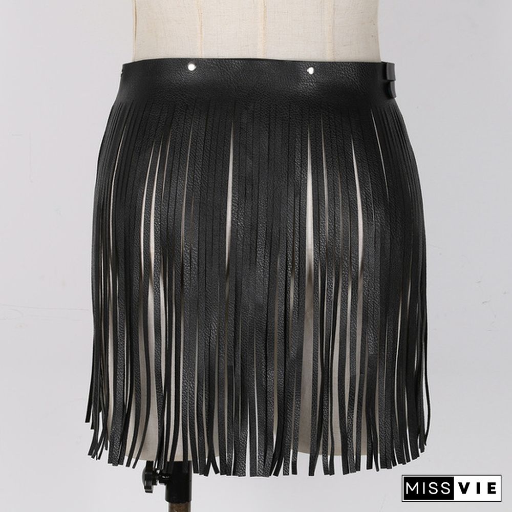 Summer Fashion Women One Size Short Skirts Female High Waist Faux Leather Soft Pu Skirts With Tassels